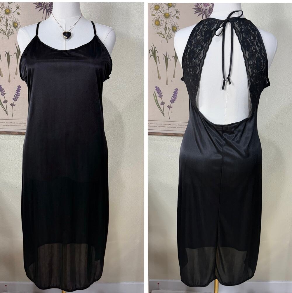 Vintage 90s Satin Lace Tie Open Back Slip Dress Sexy Romantic Goth Witchy L